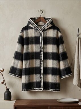Faherty Aster Wool Blanket Coat Buffalo Check M Black Ivory NWT